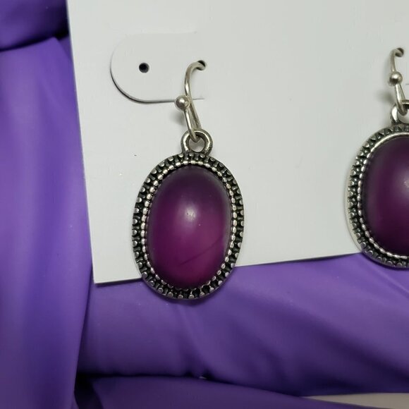 Women's Silver tone Dainty Design Purple Stone Oval Fishhook Teardrop Earrings - Picture 5 of 6